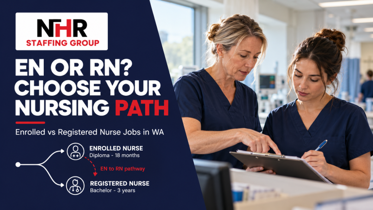 Two nurses in navy scrubs reviewing a care chart at a hospital ward nurses station, with the headline EN or RN? Choose your nursing path